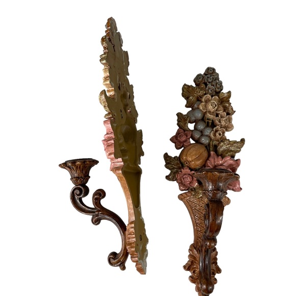 Vintage MCM Wall Hanging Candle Holder Cottagecore 1960s Fruit Floral Syroco Set - Picture 8 of 16